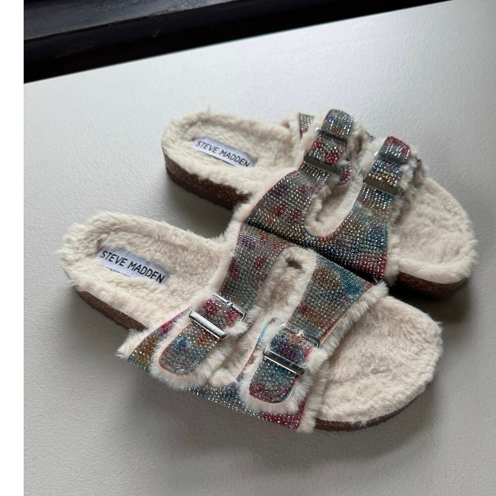 Steve Madden Girls JLEENA Tie Dye Rhinestone Faux Fur Slide Sandals - Size 4